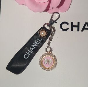 Chanel Authentic Ribbon Upcycled Pink Pearl Bow Keychain Charm Keychain